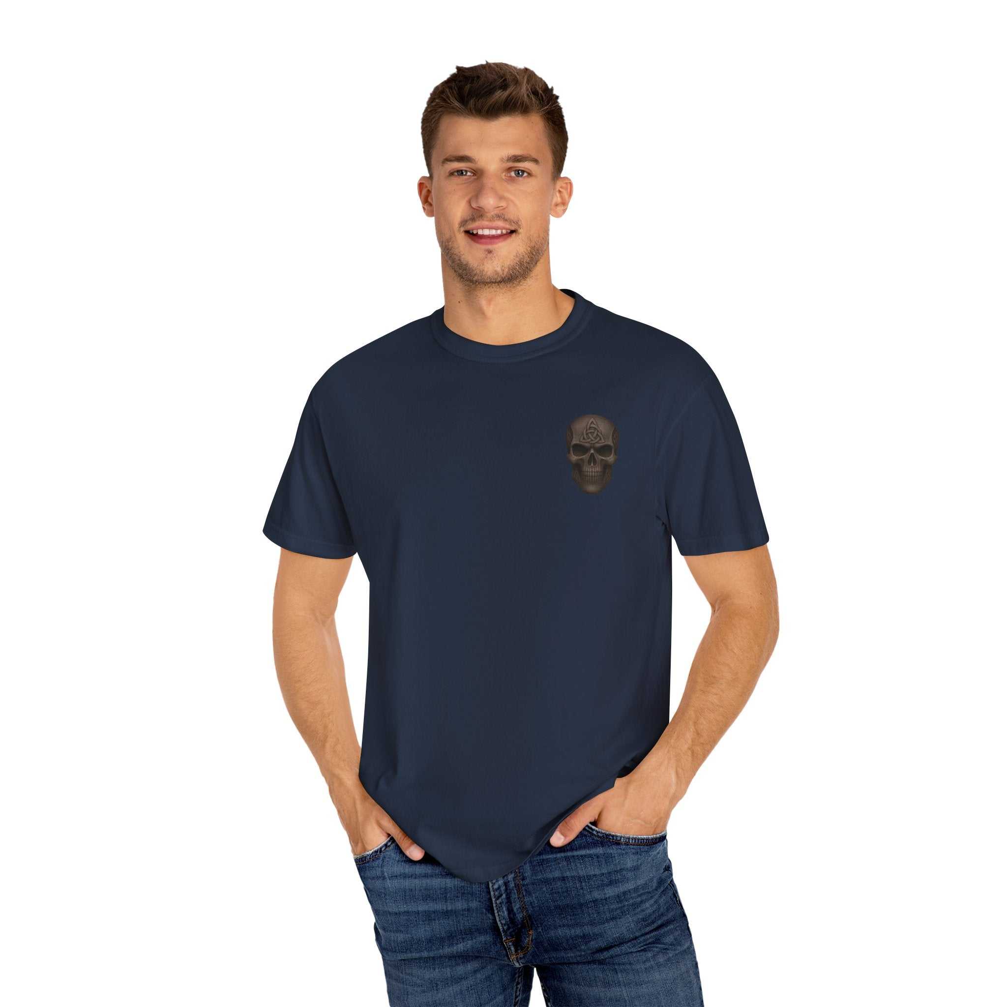 Unisex garment-dyed gladiator-themed navy t-shirt with small skull graphic, soft cotton fabric, casual fit.