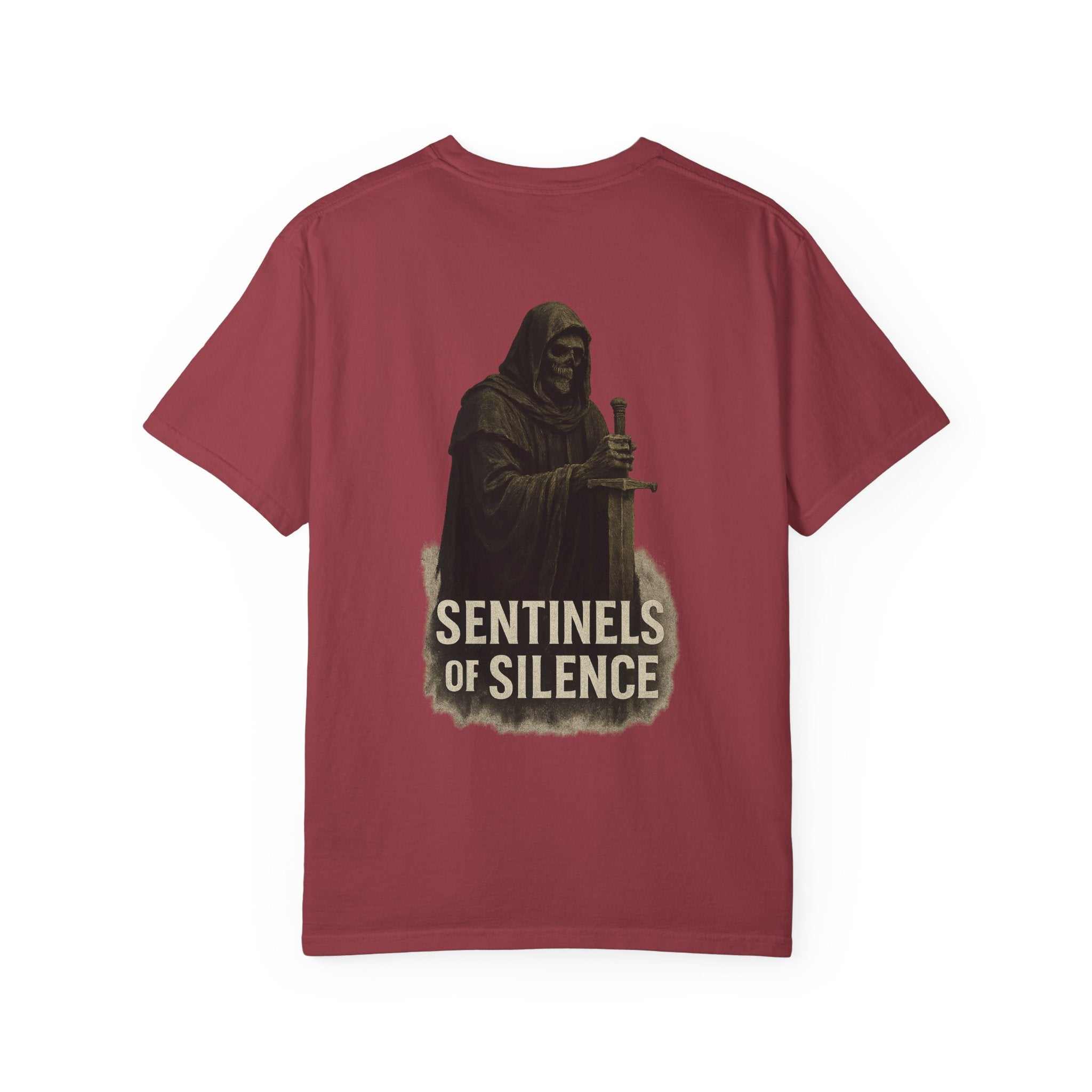 Sentinels of Silence unisex maroon T-shirt with hooded figure graphic and text design