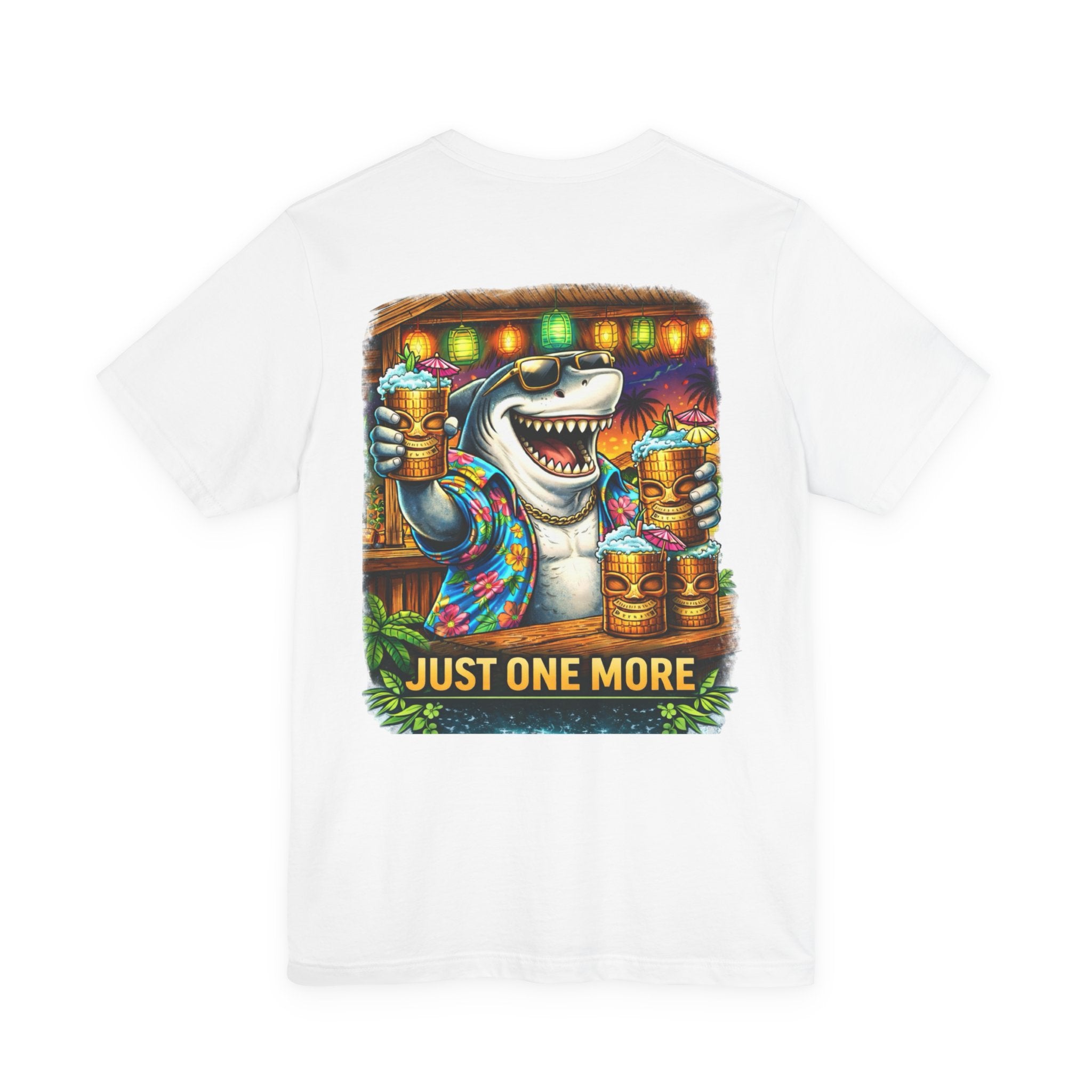 Shark Tiki Party Tee — "Just One More" Tropical Bar Graphic Shirt
