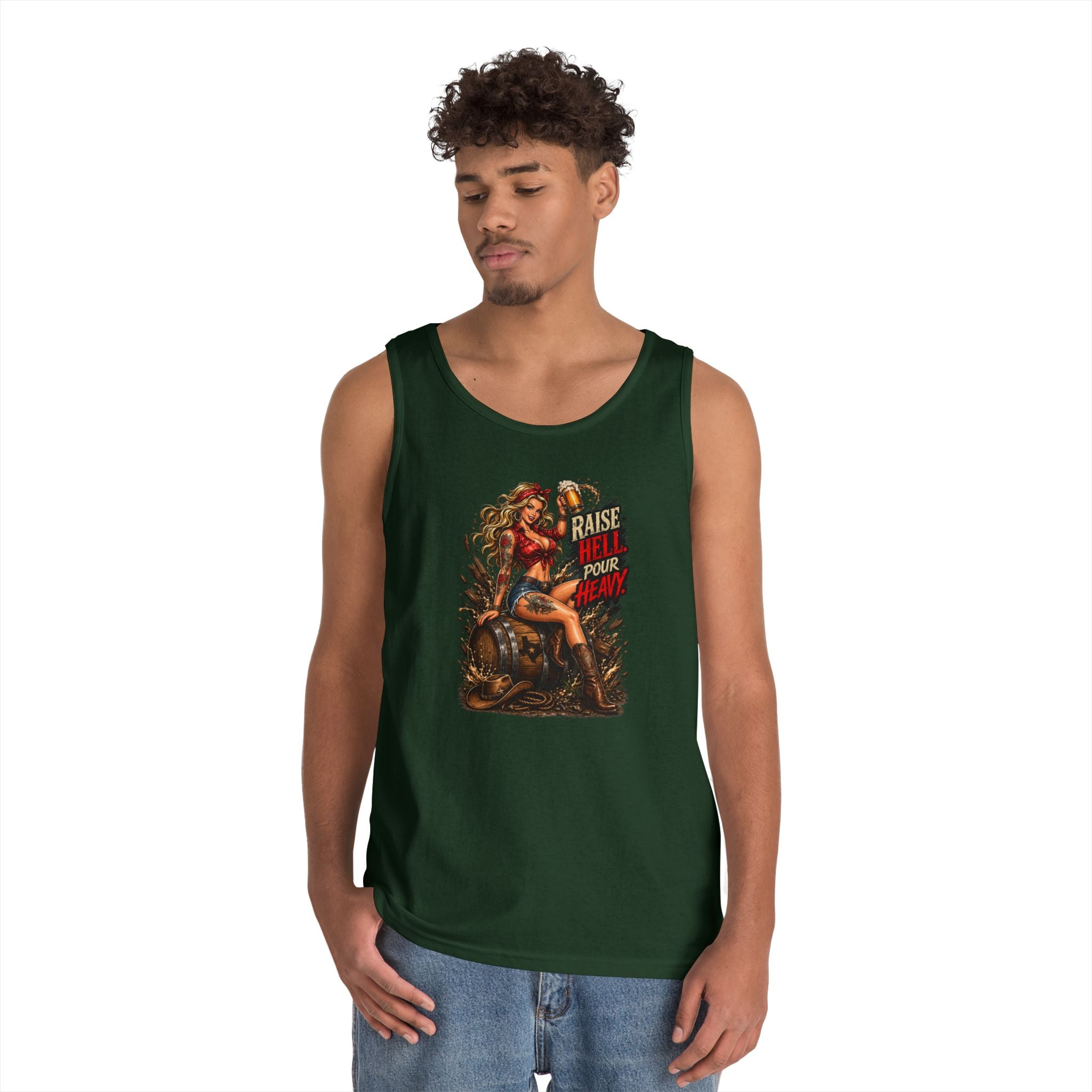 Pinup Biker Tank Top – "Raise Hell, Pour Heavy" Vintage Motorcycle Graphic