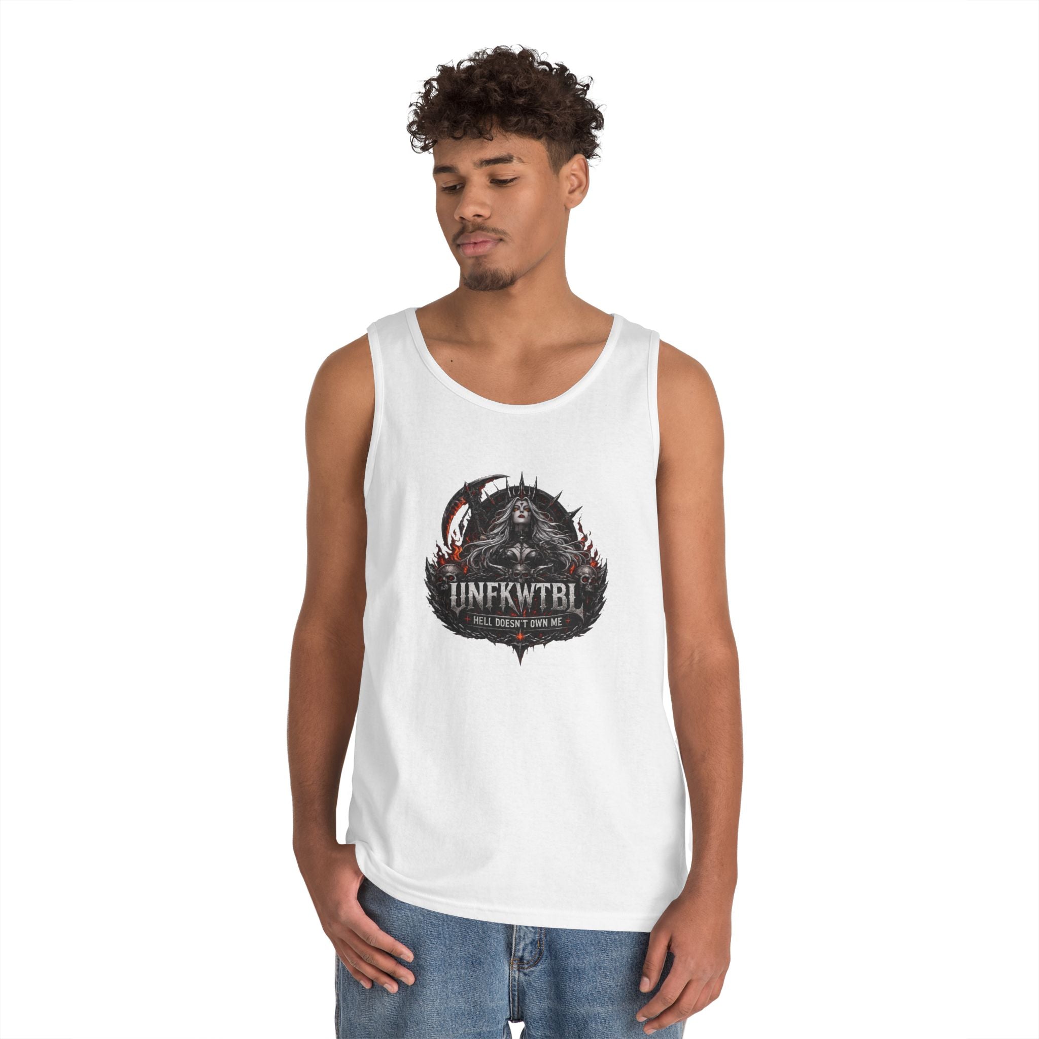 Gothic Skull Emblem Tank Top — 'UNFKWTBL' Dark Metal Graphic