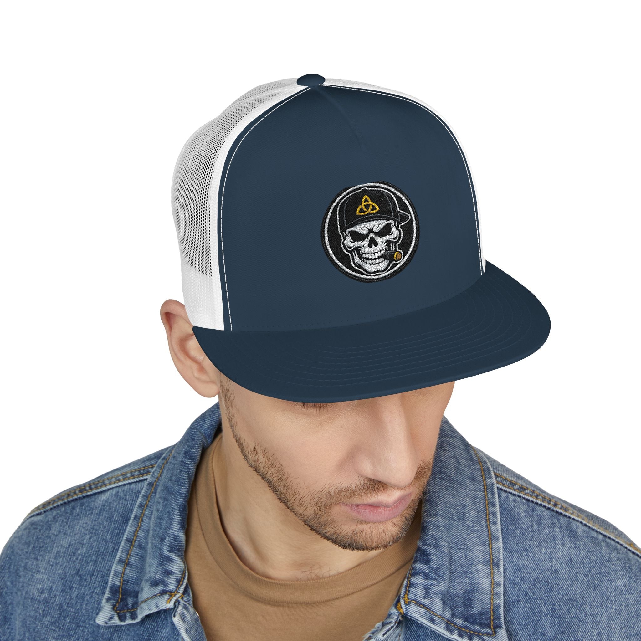 Embroidered Skull Captain Trucker Cap — Vintage Nautical Patch Hat