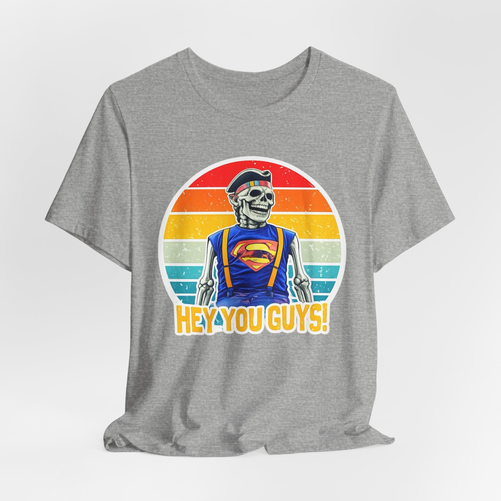 Skeleton Superfan Tee — "Hey You Guys!" Retro Vintage Graphic T-Shirt