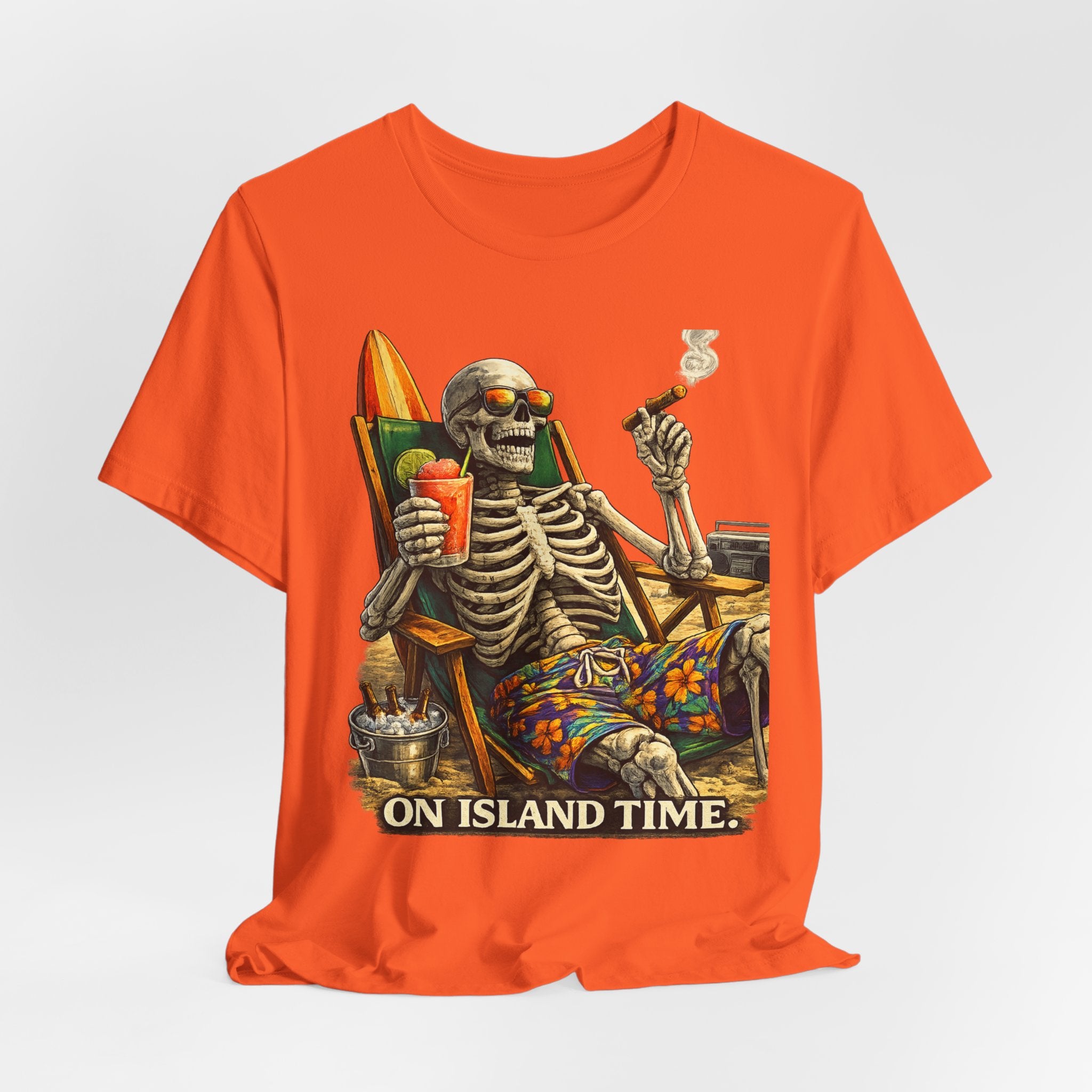 Skeleton Beach Tee — "On Island Time" Tropical Skull Vacation T-Shirt
