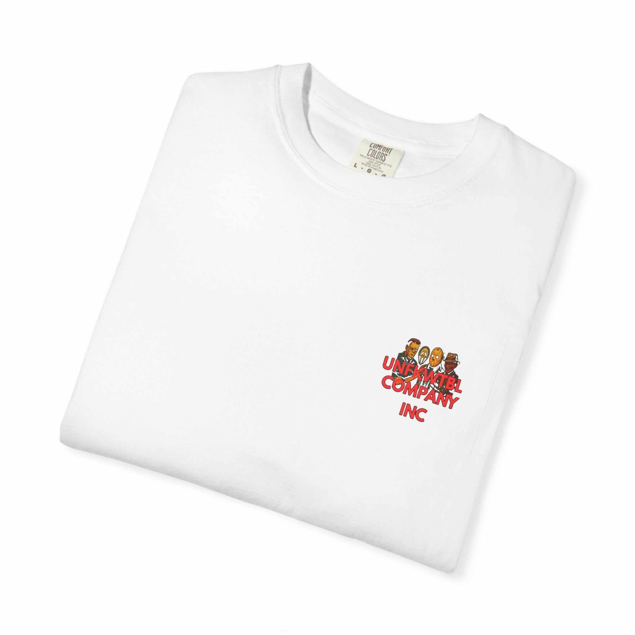 White unisex T-shirt featuring cartoon versions of horror movie legends Jason, Michael, Freddy, and Pinhead.