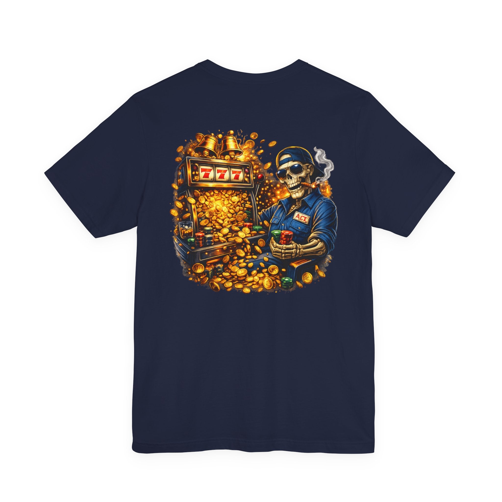 Skeleton Gambler Slot Machine T-Shirt — Retro Casino Poker Tee