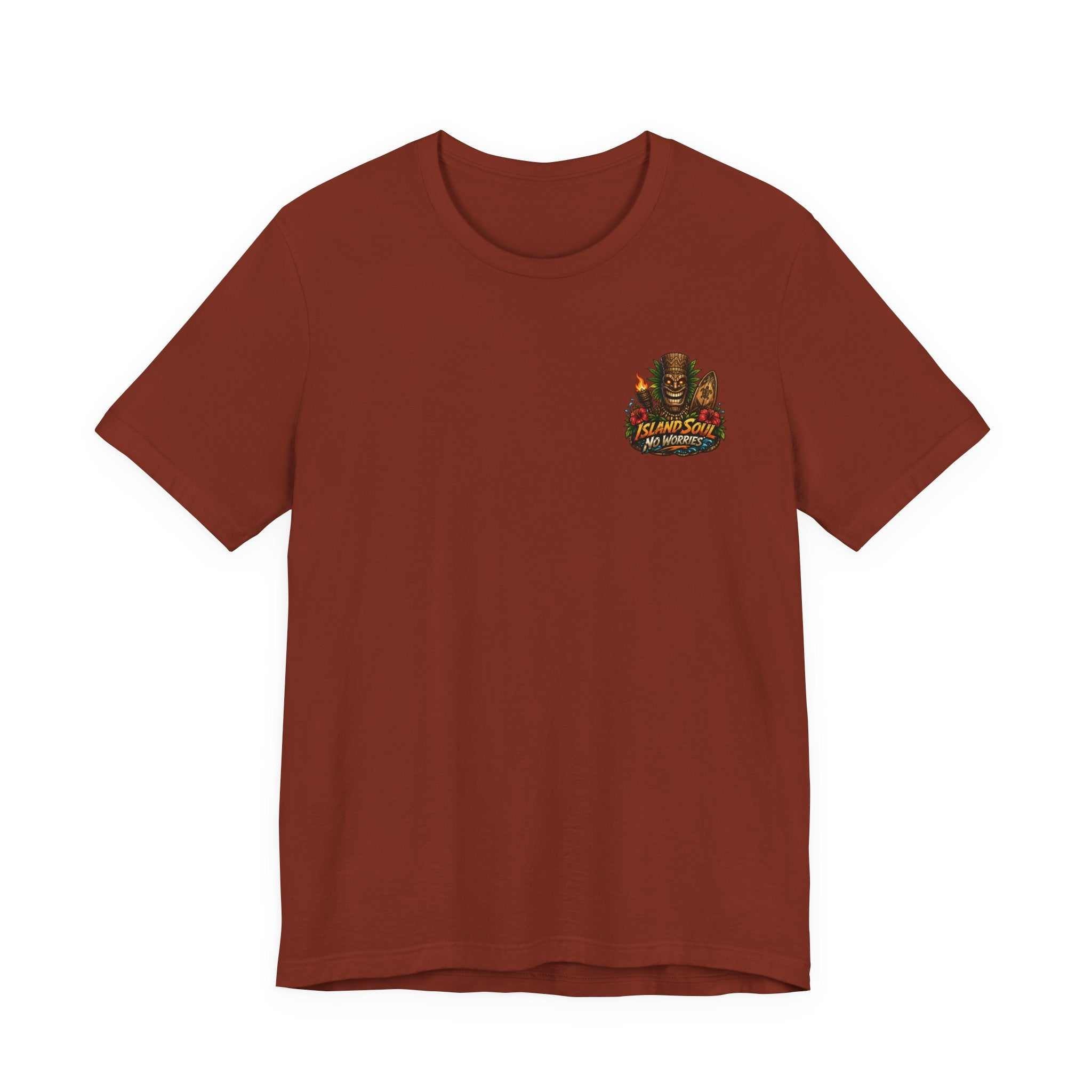 Tropical Tiki Tee featuring tiki, hibiscus flowers, and waves design on comfortable cotton shirt