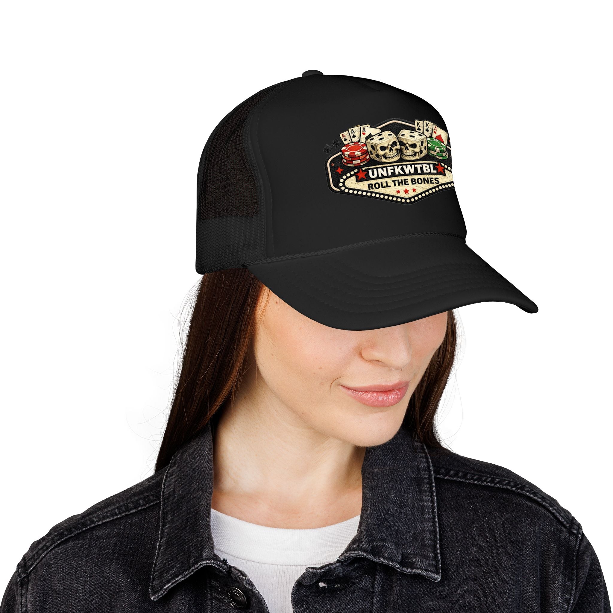 Roll the Bones Trucker Hat — Skull & Dice Poker Foam Cap