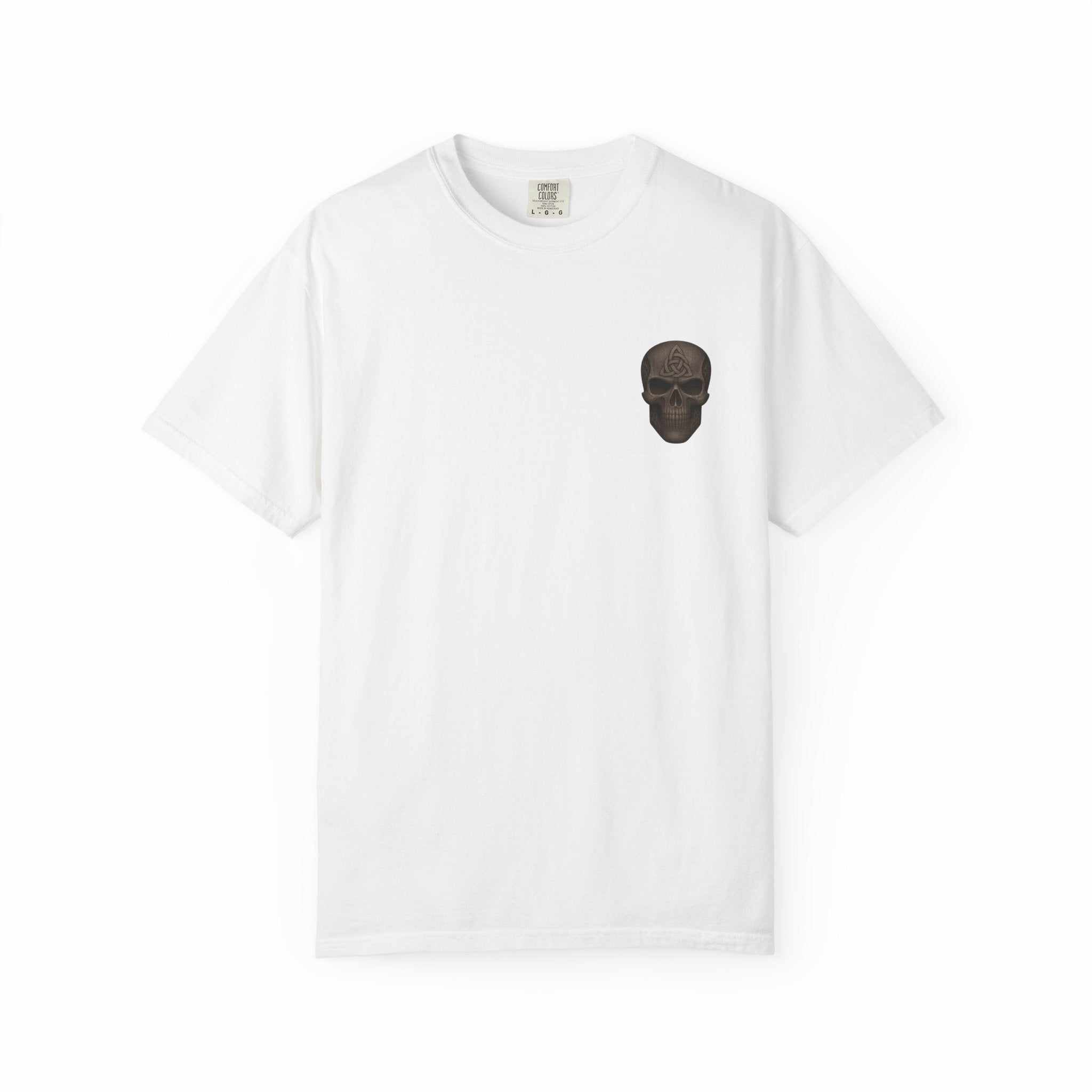 White vintage-inspired patriotic t-shirt with small skull graphic on chest, casual unisex fit, perfect for celebrations.