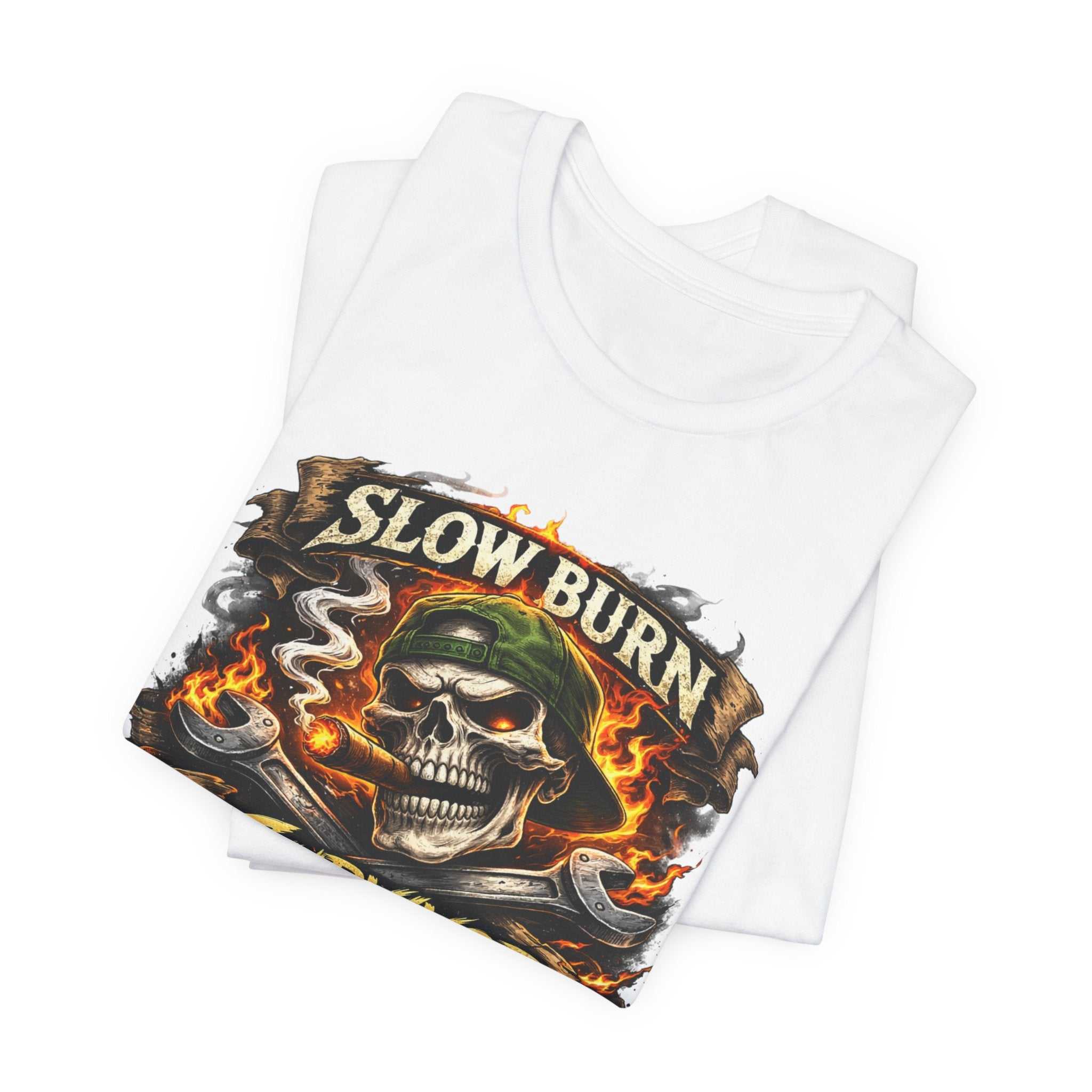 Slow Burn Survivor T‑Shirt — Skull Flame Vintage Motorcycle Tee