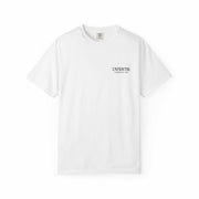 White unisex T-shirt with small black UNFKWTBL Company Inc. logo on chest, made of 100% US cotton with relaxed fit.