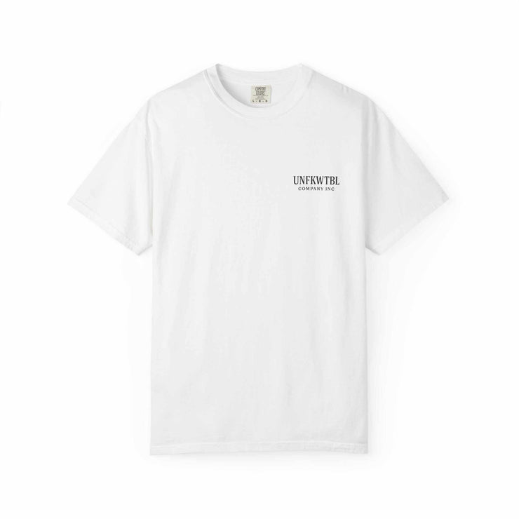 White unisex T-shirt with small black UNFKWTBL Company Inc. logo on chest, made of 100% US cotton with relaxed fit.