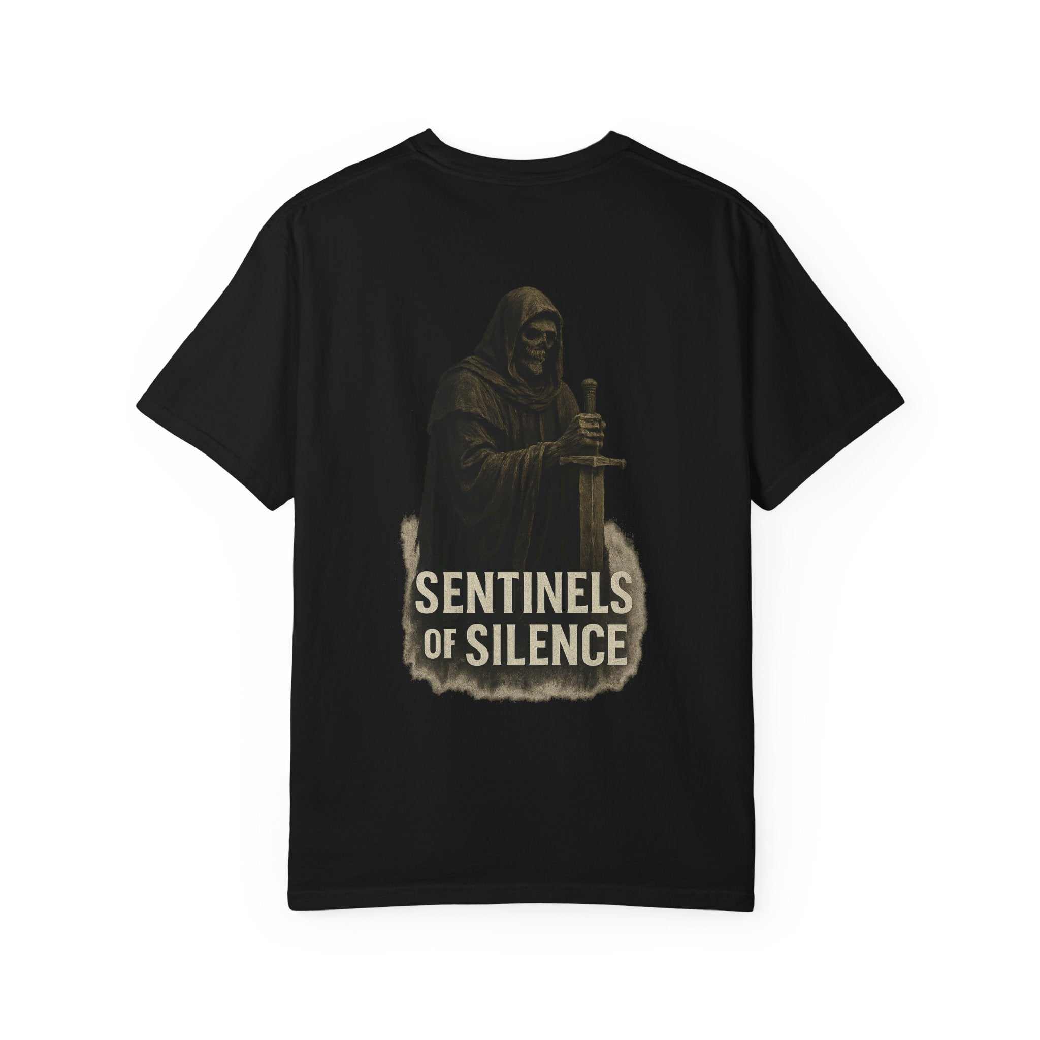Black Sentinels of Silence unisex T-shirt with hooded figure holding sword design