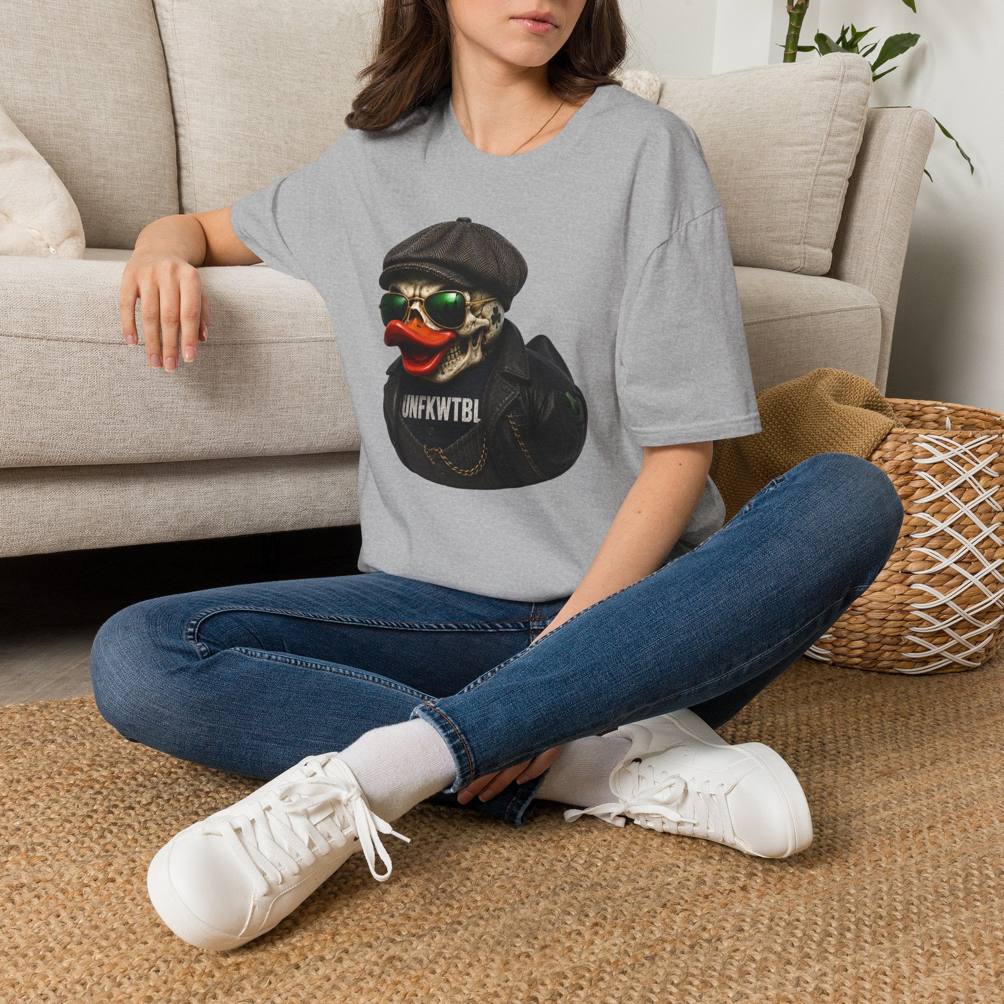 Skull Duck Graphic T-Shirt — Retro Biker Hat & Aviator Sunglasses Design