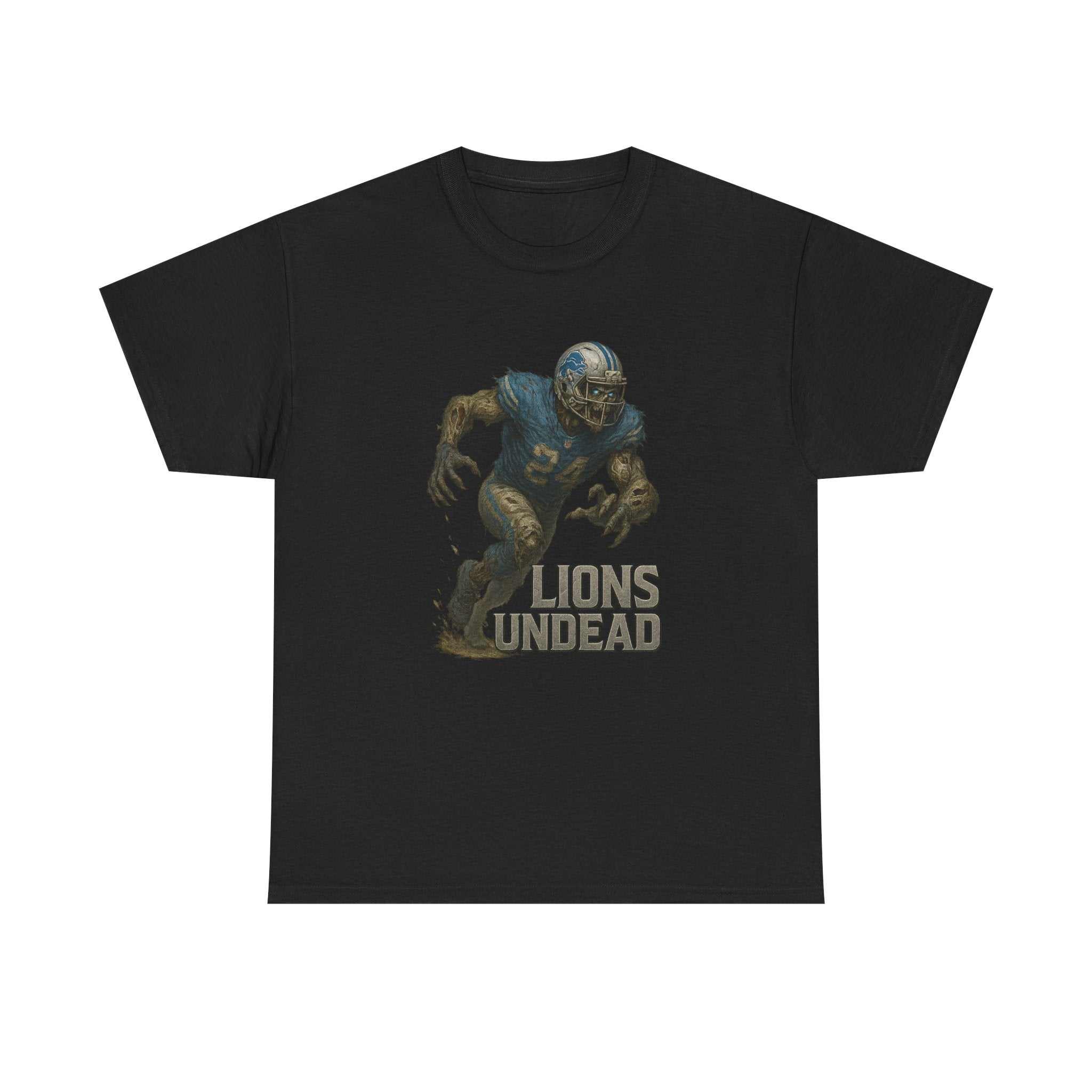 Detroit Lions Zombies themed heavy cotton T-shirt with bold zombie graphic and classic fit.