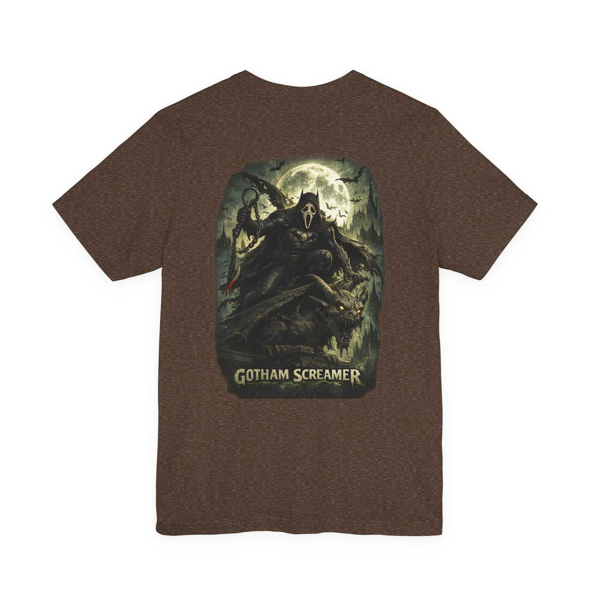 Gotham Screamer T-Shirt vintage gothic horror graphic tee with eerie cityscape and shadowy silhouette design