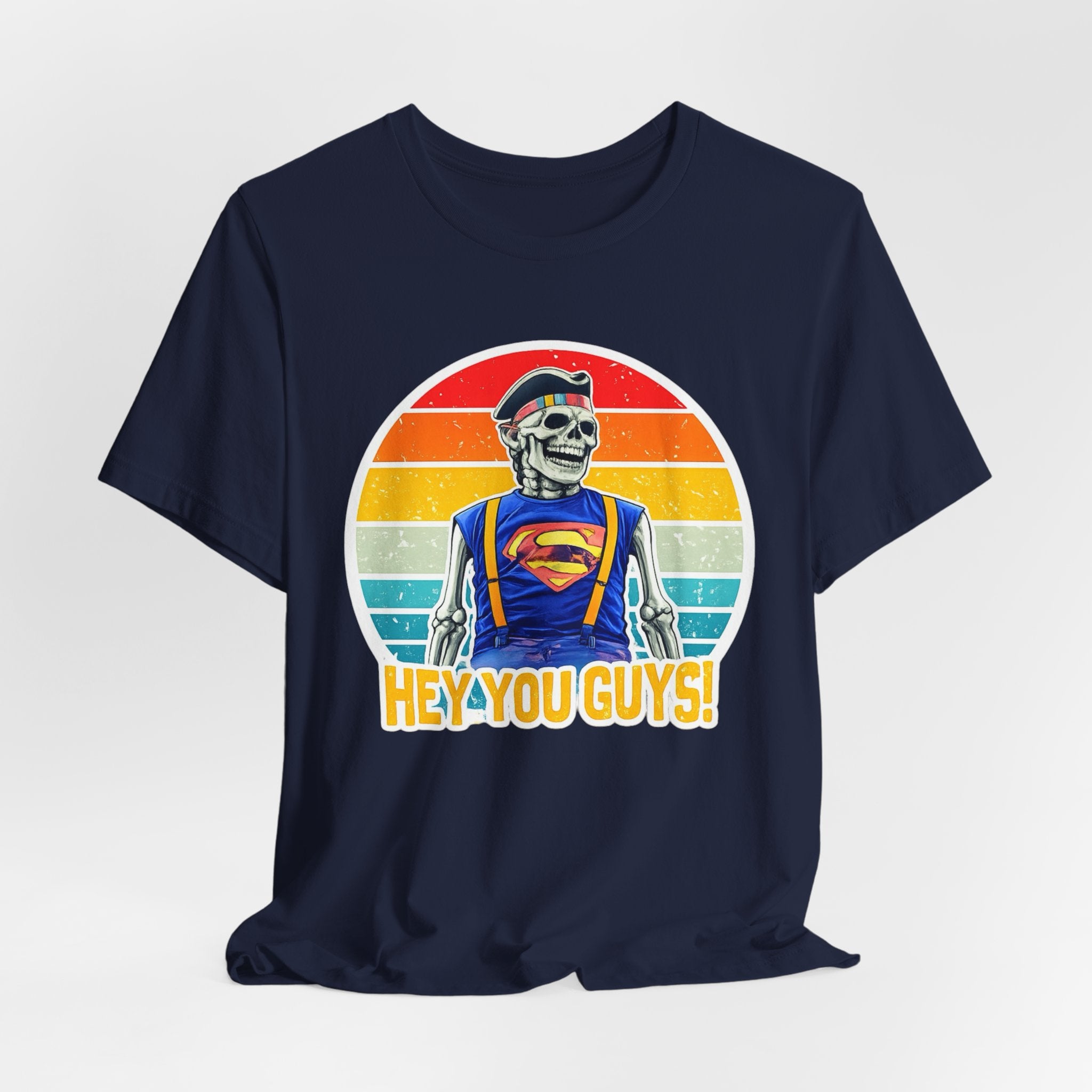 Skeleton Superfan Tee — "Hey You Guys!" Retro Vintage Graphic T-Shirt