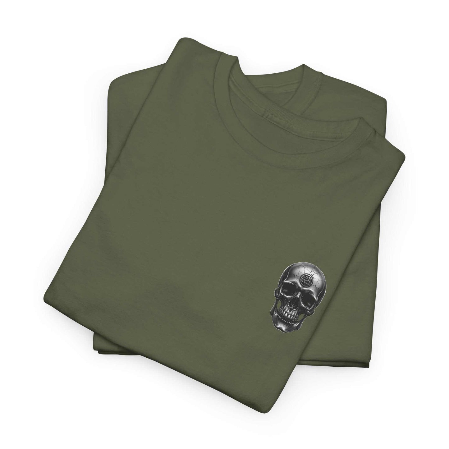 Celtic Skull Unisex Tee in olive green with heritage-inspired skull and cross design, made from soft, durable cotton.