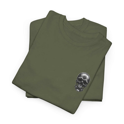 Celtic Skull Unisex Tee in olive green with heritage-inspired skull and cross design, made from soft, durable cotton.