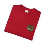 Folded red unisex tribute t-shirt with vintage-style logo on chest