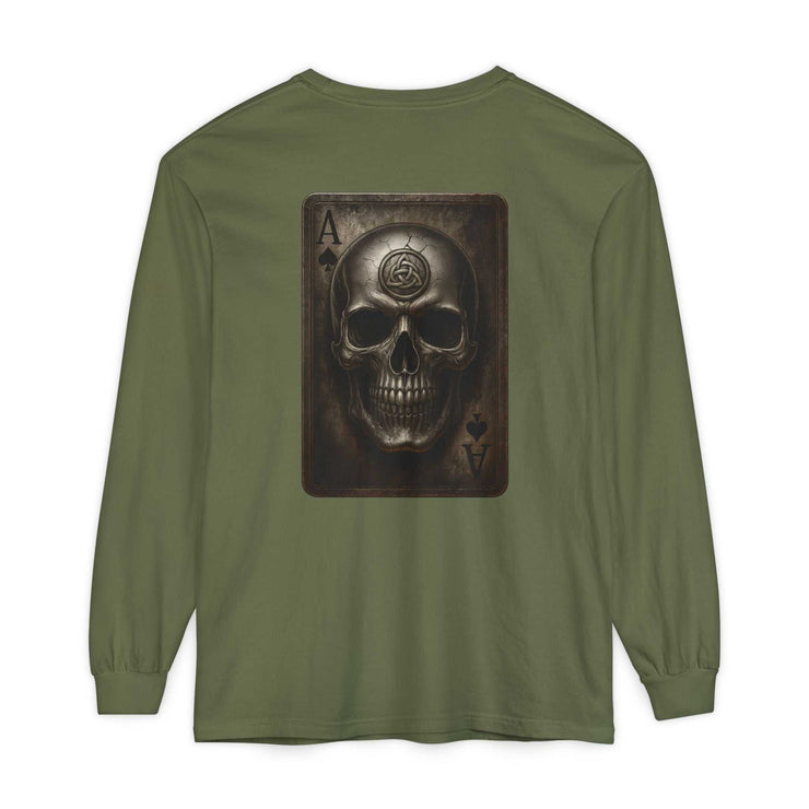 Olive green long sleeve t-shirt with Celtic skull logo on back, unisex heritage design