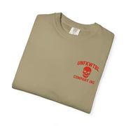 Grim Reaper Hulk mashup graphic tee folded beige with red skull logo on chest