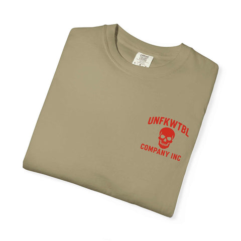 Grim Reaper Hulk mashup graphic tee folded beige with red skull logo on chest