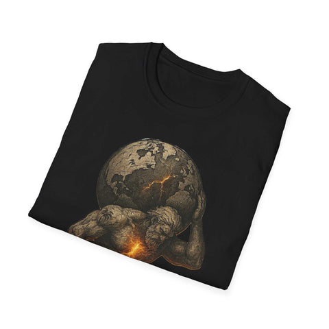 Black Atlas Strength Unisex Softstyle T-Shirt with bold graphic of muscular figure holding cracked glowing earth sphere