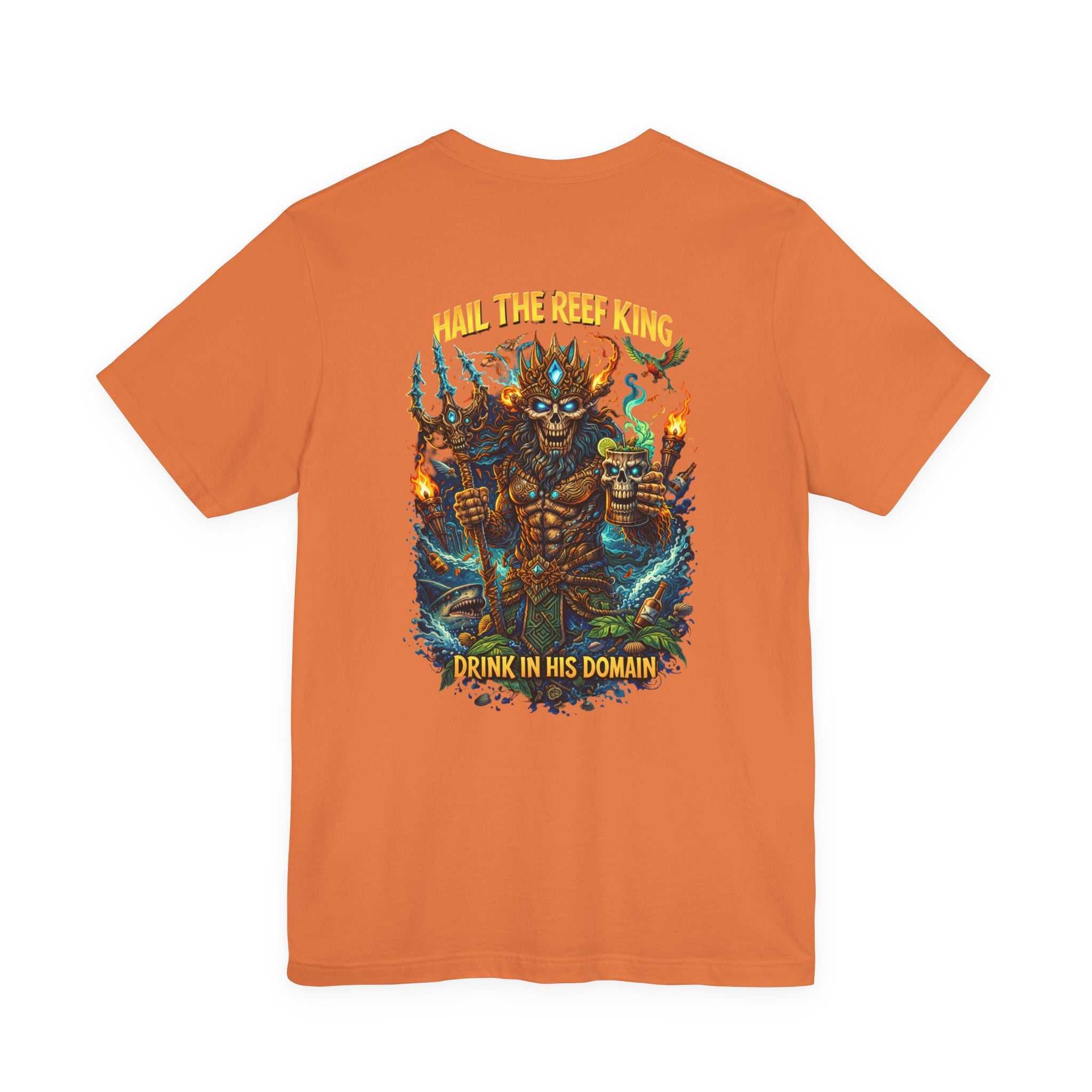 Hail the Reef King fantasy sea king graphic tee with coral reef and trident design on soft cotton shirt