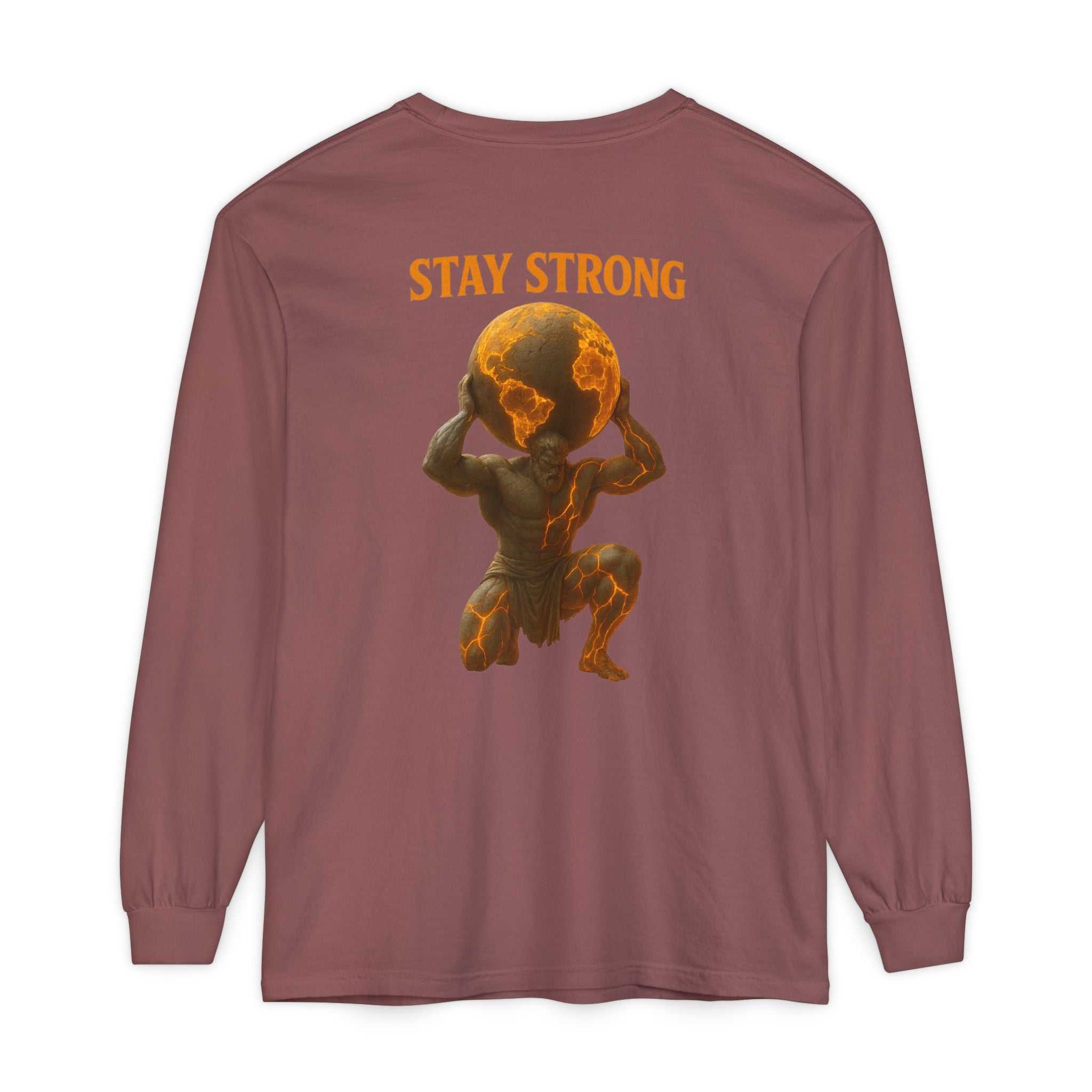 Atlas Stay Strong Long Sleeve Tee in garment-dyed 100% ring spun cotton with ribbed cuffs and durable double needle hems