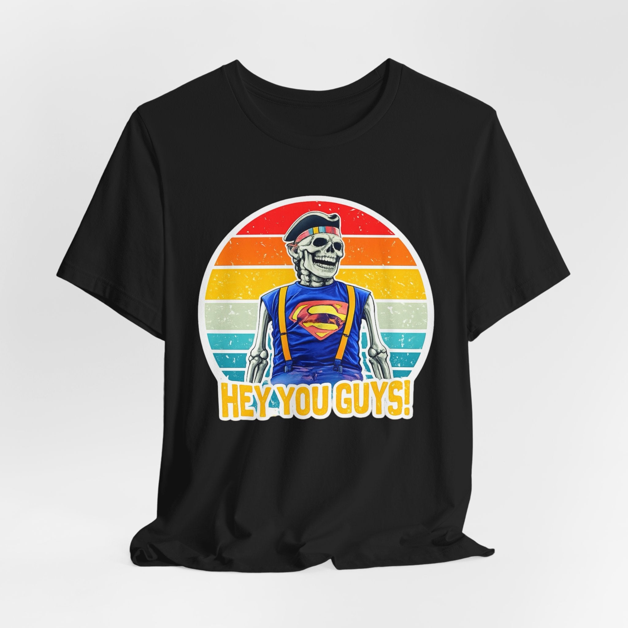 Skeleton Superfan Tee — "Hey You Guys!" Retro Vintage Graphic T-Shirt