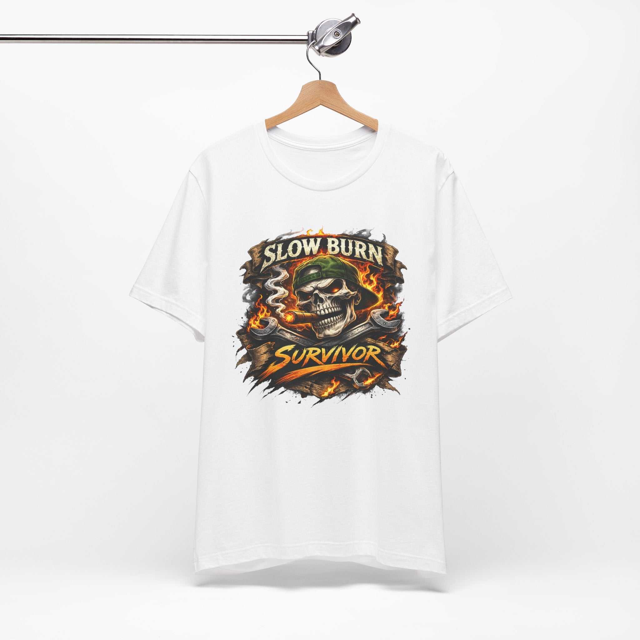 Slow Burn Survivor T‑Shirt — Skull Flame Vintage Motorcycle Tee