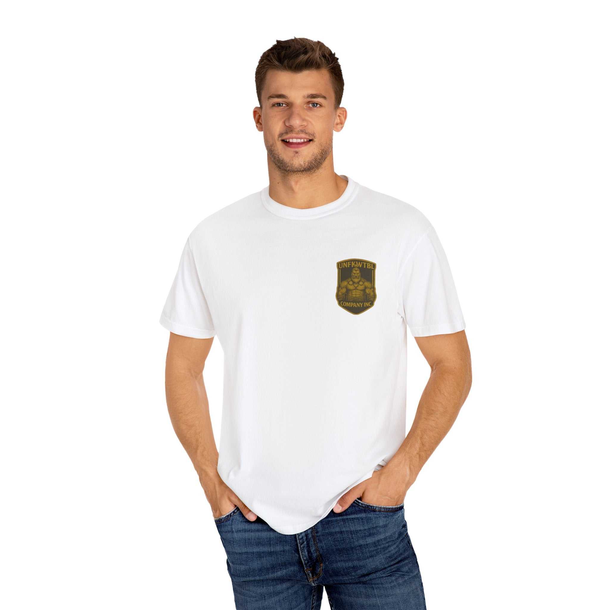 Man wearing white Viking Warrior Unisex Tee with small chest emblem and jeans against white background