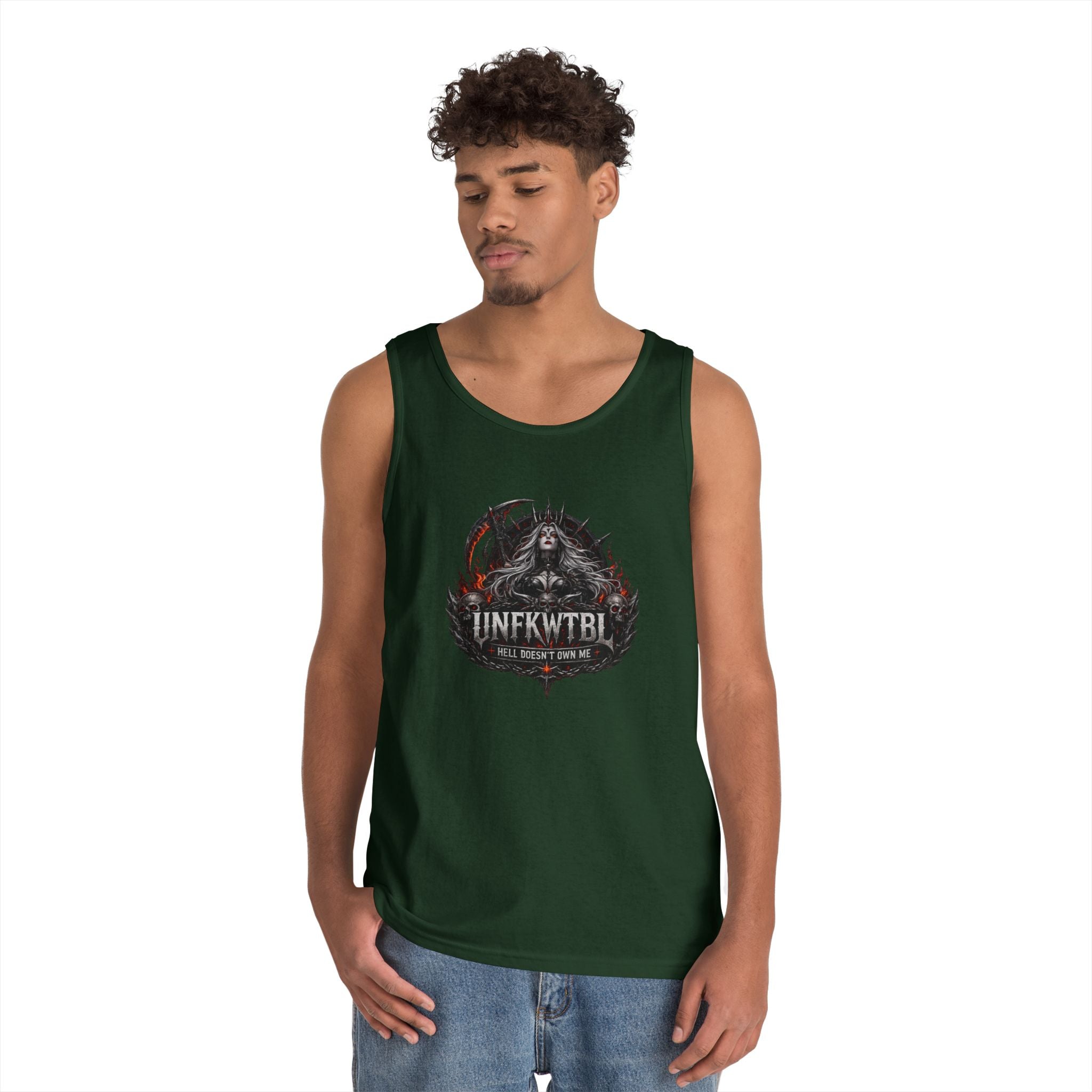 Gothic Skull Emblem Tank Top — 'UNFKWTBL' Dark Metal Graphic
