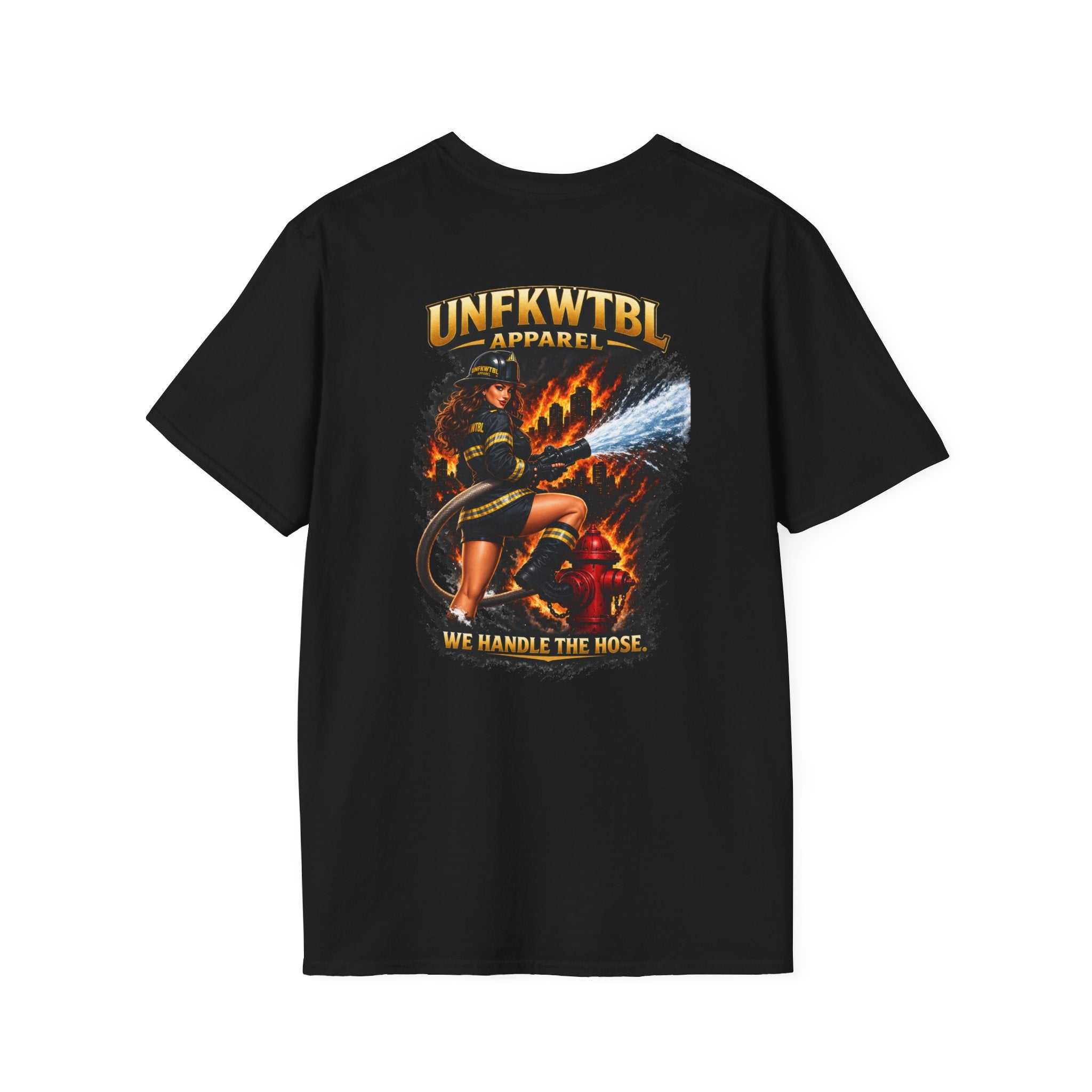Black firefighter T-shirt with "UNFKWTBL Apparel: We Handle The Hose" graphic and rescue scene design