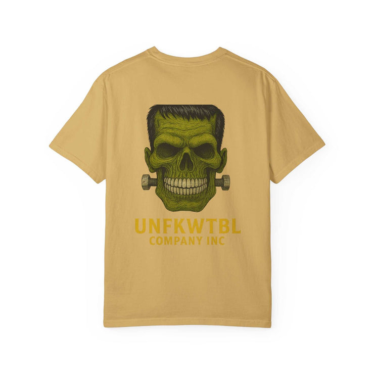 Vintage Frankenstein T-shirt with bold green skull design and garment-dyed beige fabric
