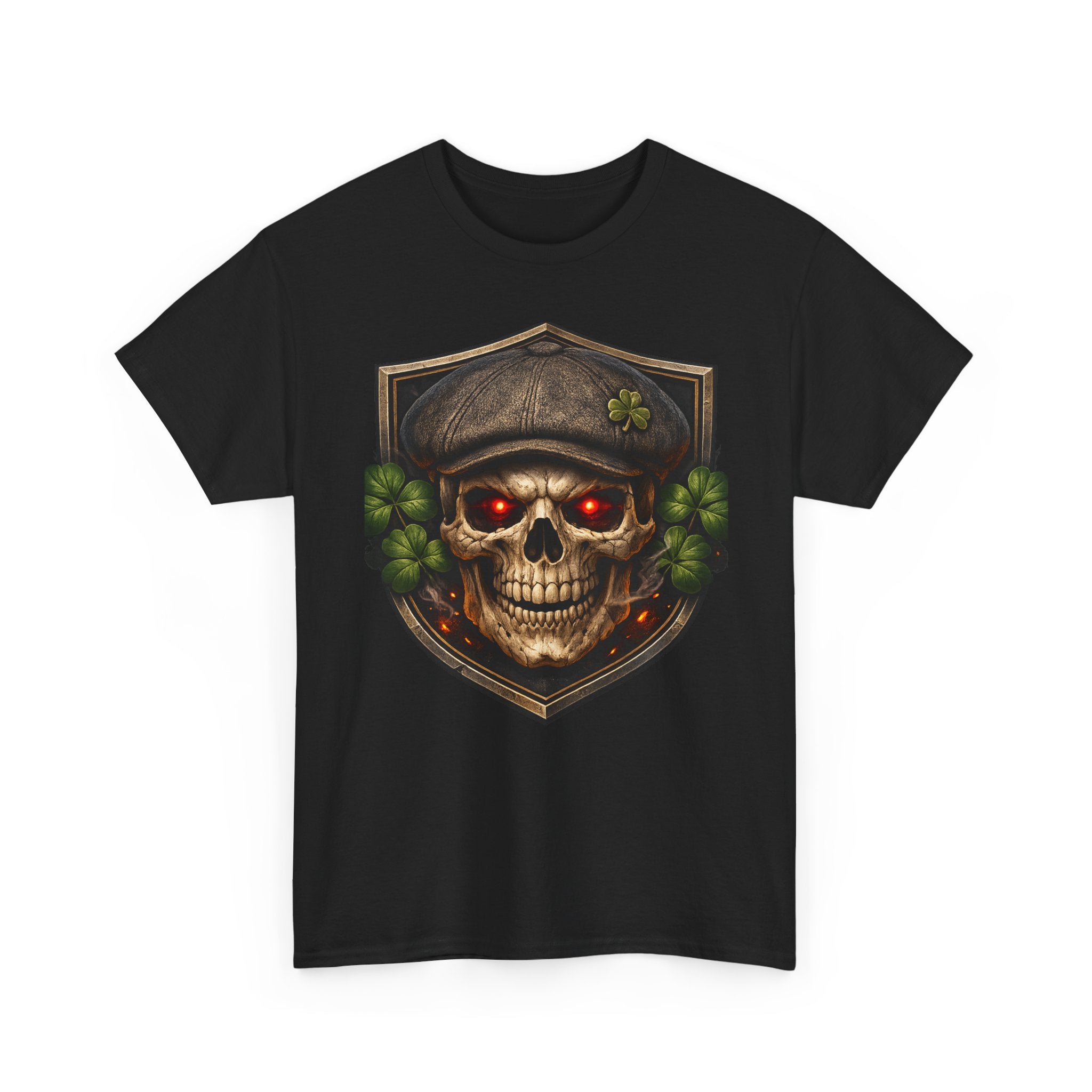 Skull & Shamrock Tee — Celtic Pirate Skull Shirt with Red-Eye Skeleton and Clover Badge