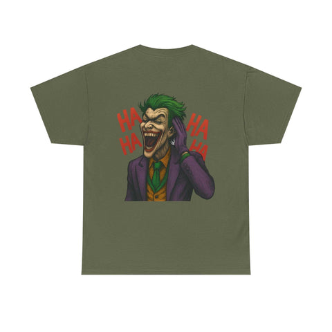 UNFKWTBL JOKER t-shirt with green hair Joker laughing graphic on olive green fabric
