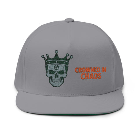 Gothic Skull Flat Bill Cap, Urban Fashion Hat, Embroidered Snapback, Crowned in Chaos, Streetwear Accessory, Gift for Him/Her