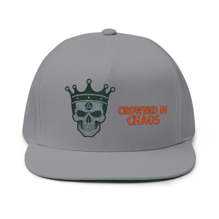 Gothic Skull Flat Bill Cap, Urban Fashion Hat, Embroidered Snapback, Crowned in Chaos, Streetwear Accessory, Gift for Him/Her