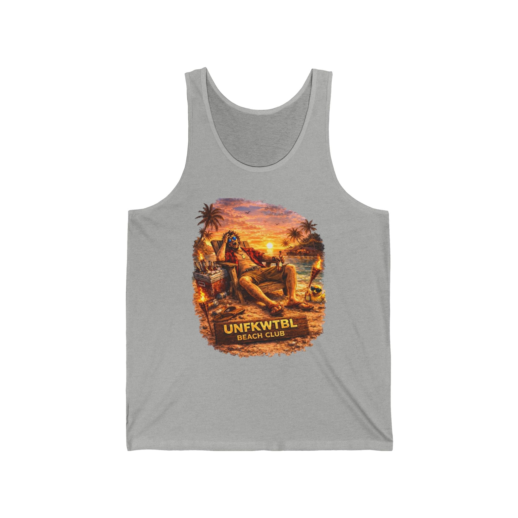 Beach Club Sunset Tank Top — 'UNFKWTBL' Retro Tropical Graphic