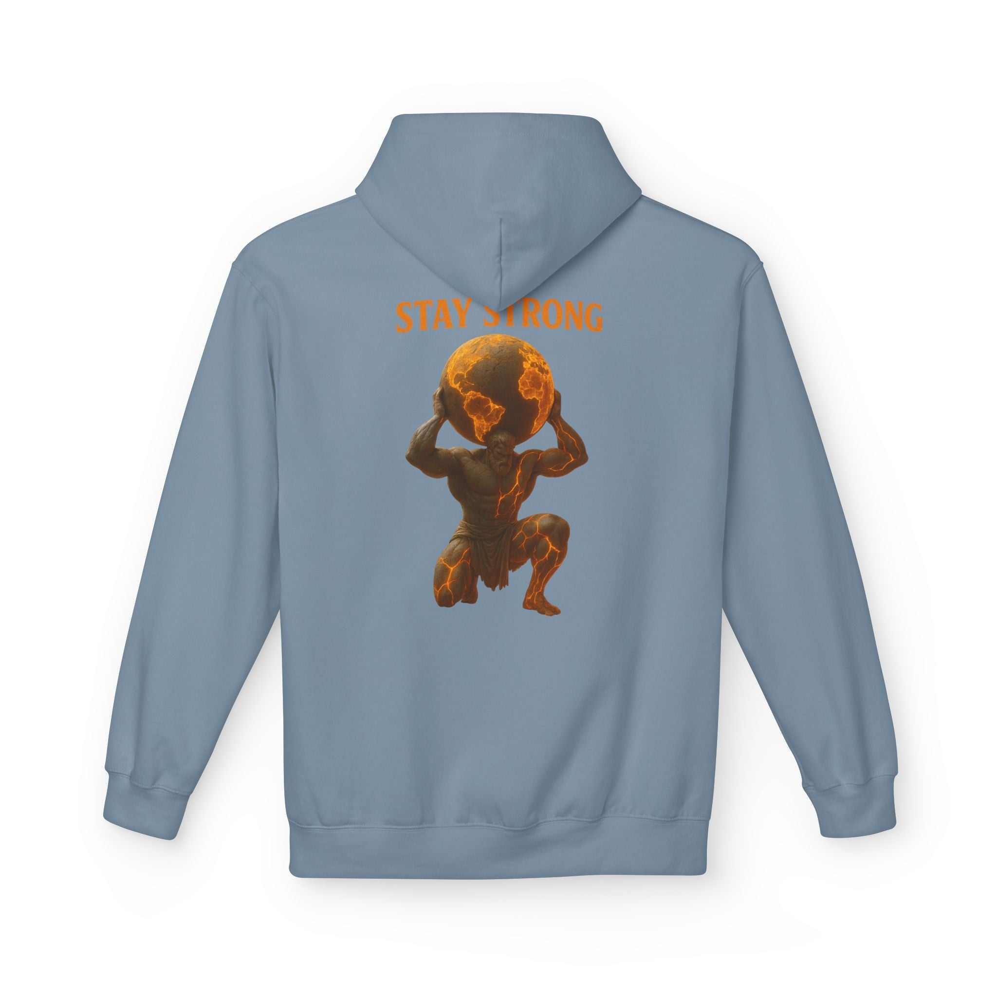 Stay Strong Atlas Hoodie with Atlas design, cozy fit, and pouch pocket for fall and winter