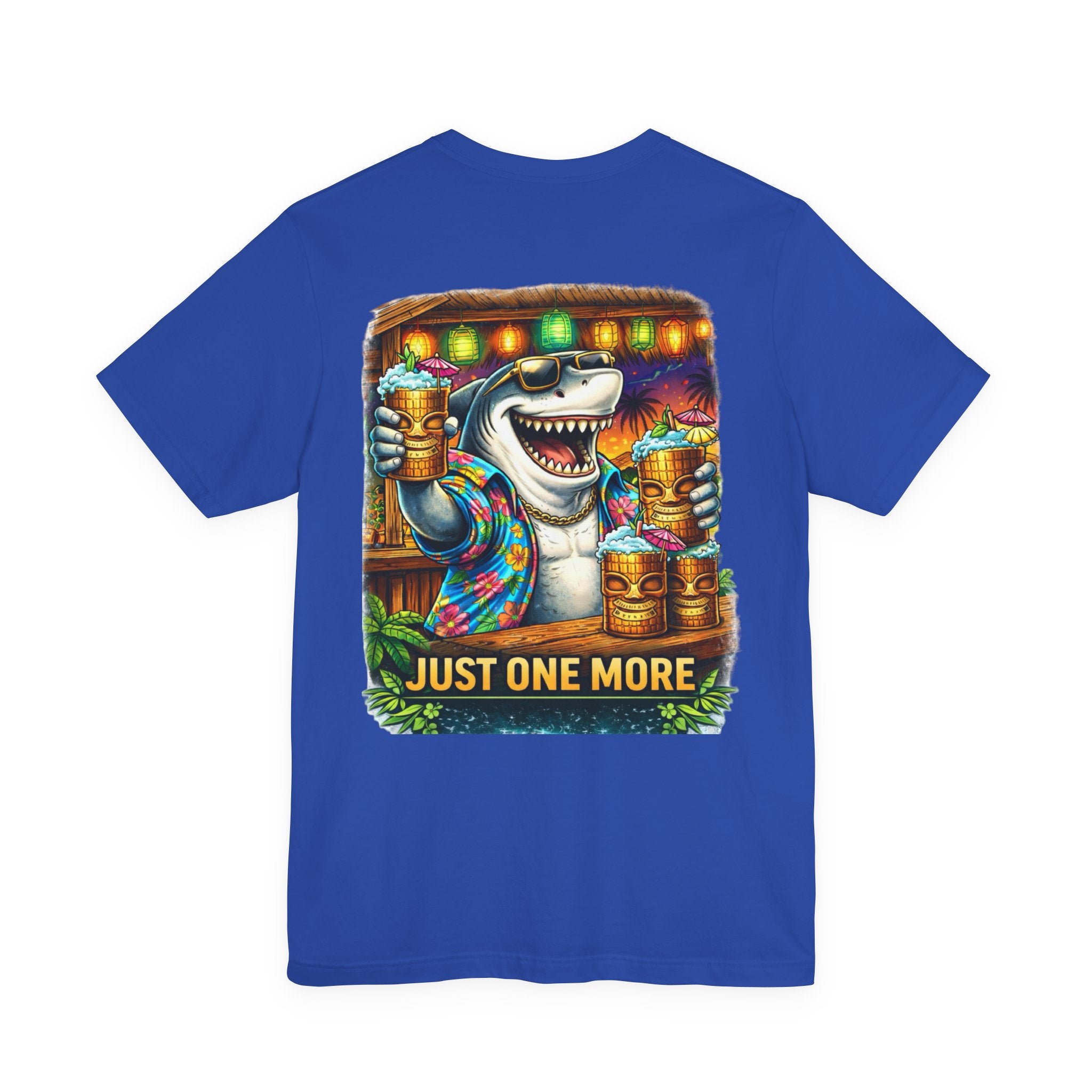 Shark Tiki Party Tee — "Just One More" Tropical Bar Graphic Shirt
