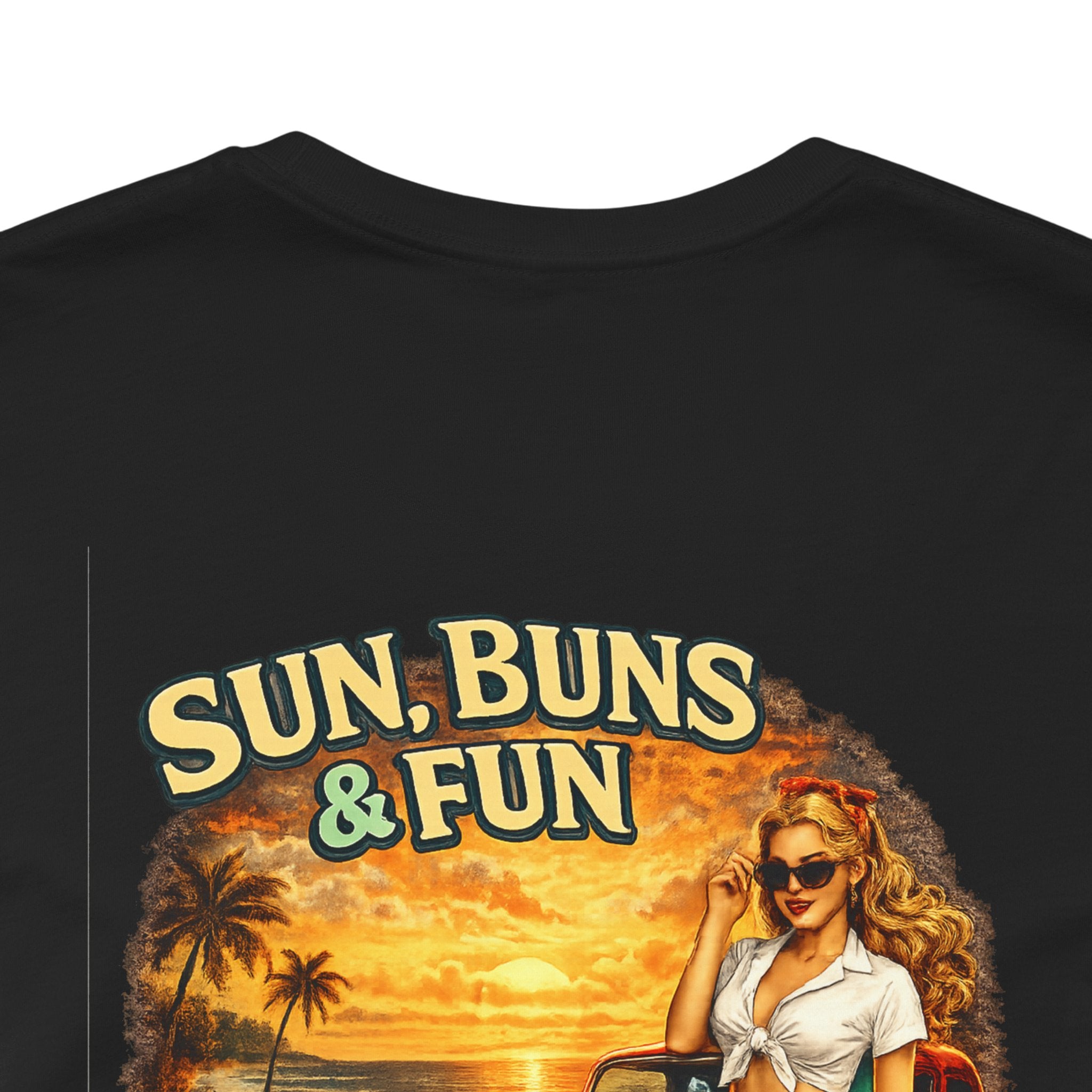 Sun, Buns & Fun Tee — Retro Pin-Up Hot Rod Beach T-Shirt