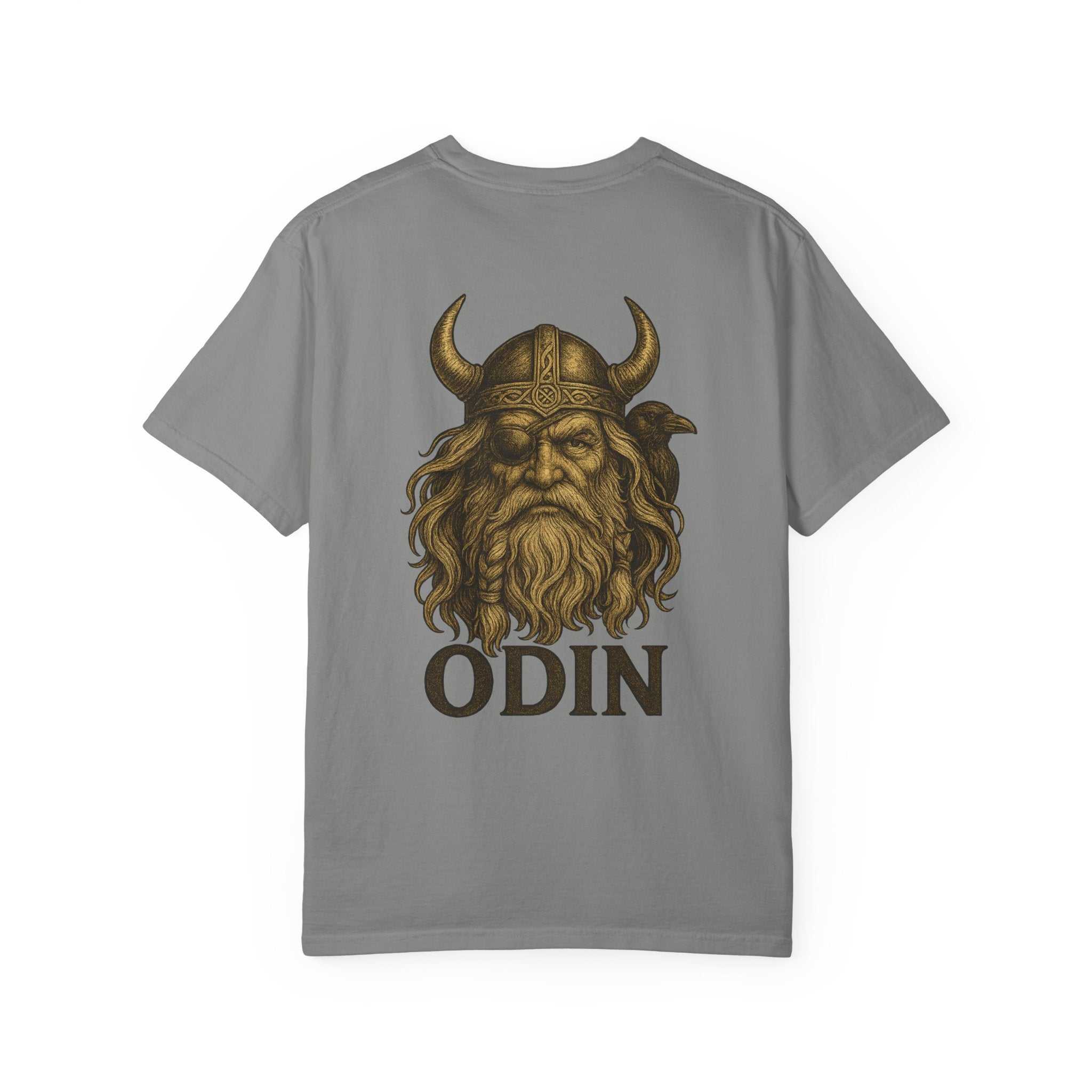 Gray unisex Odin All Father T-shirt with Viking helmet graphic and text "ODIN"
