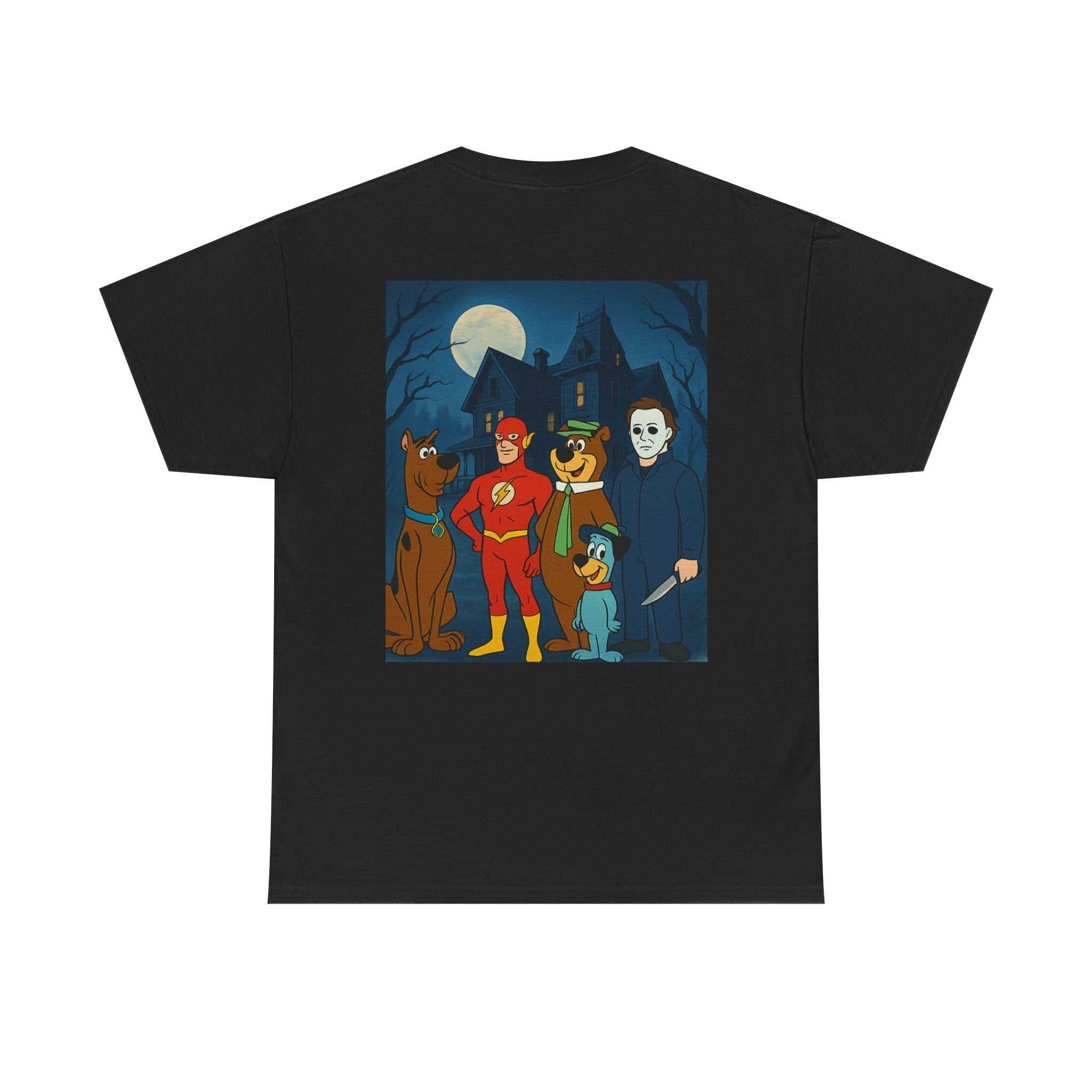 Graphic tee combining horror and Saturday morning cartoons with badass crew design