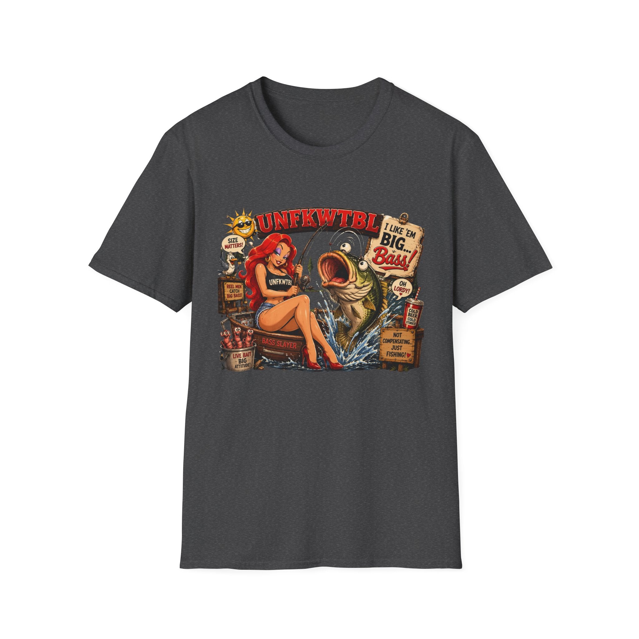 Fishing Pin-Up T-Shirt — "I Like 'Em Big, Baby" Retro Bass Graphic