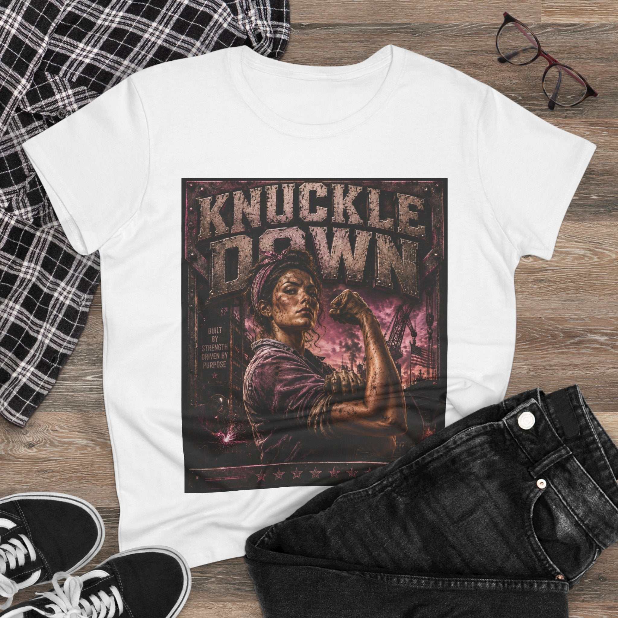 Knuckle Down Women's T‑Shirt — Rosie-Inspired Empowerment Graphic Tee
