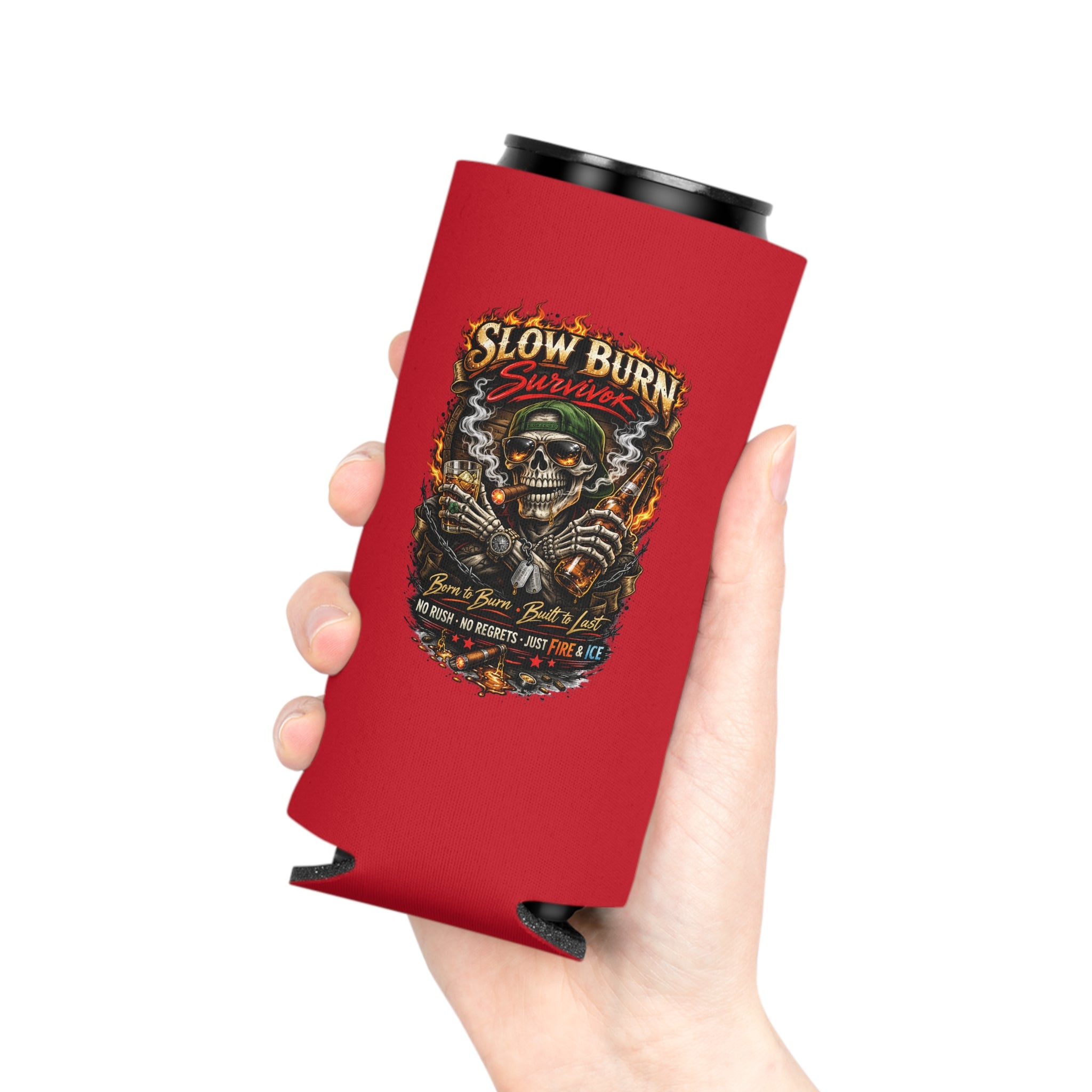 Can Cooler - "Stay Cold" Skeleton Beer Koozie (Slow Burn Survivor Vintage Skull Design)