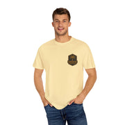Blackbeard the Pirate rebellious design on garment-dyed T-shirt in soft yellow with short sleeves